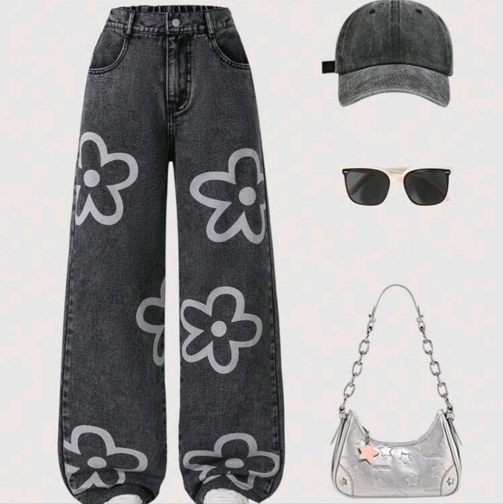 Trendy Black Jeans with Floral Design